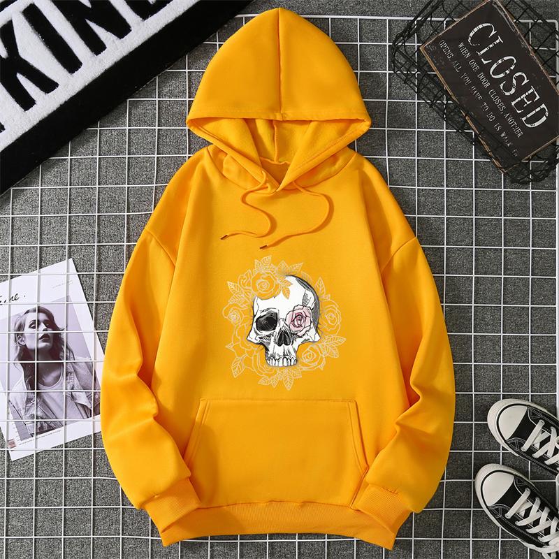Autumn Winter Couple Style Sunflower Skull Print Hoodie Men Women Casual Simple Top Streetwear Sleeve Decorated Hoodie