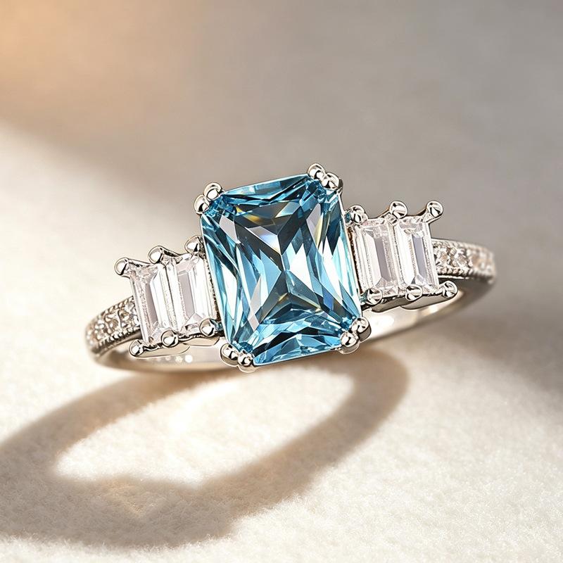 Copper inlaid imitation sea blue zircon ring, European beautiful women's engagement ring