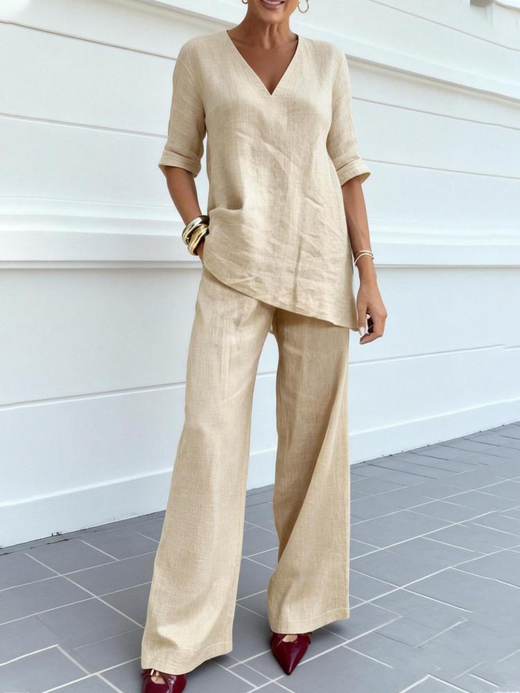 2026 Women's Cotton Linen Solid V-Neck Blouse & Loose Pants Set