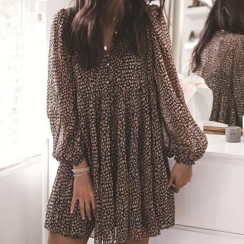 Dámska móda Leopard tlač Leto Jar Príležitostné šaty s V-výstrihom s dlhým rukávom XXL hnedá