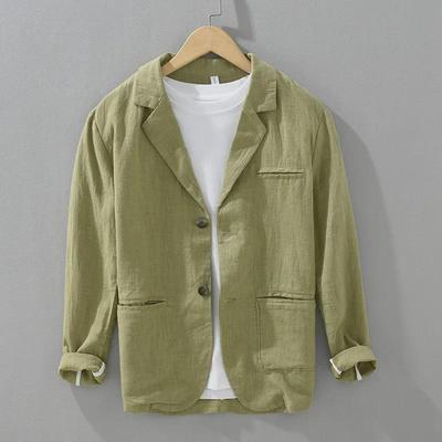 Men's Retro Japanese Casual Ramie Suit - Loose, Single-Breasted, Solid Color for Spring & Autumn