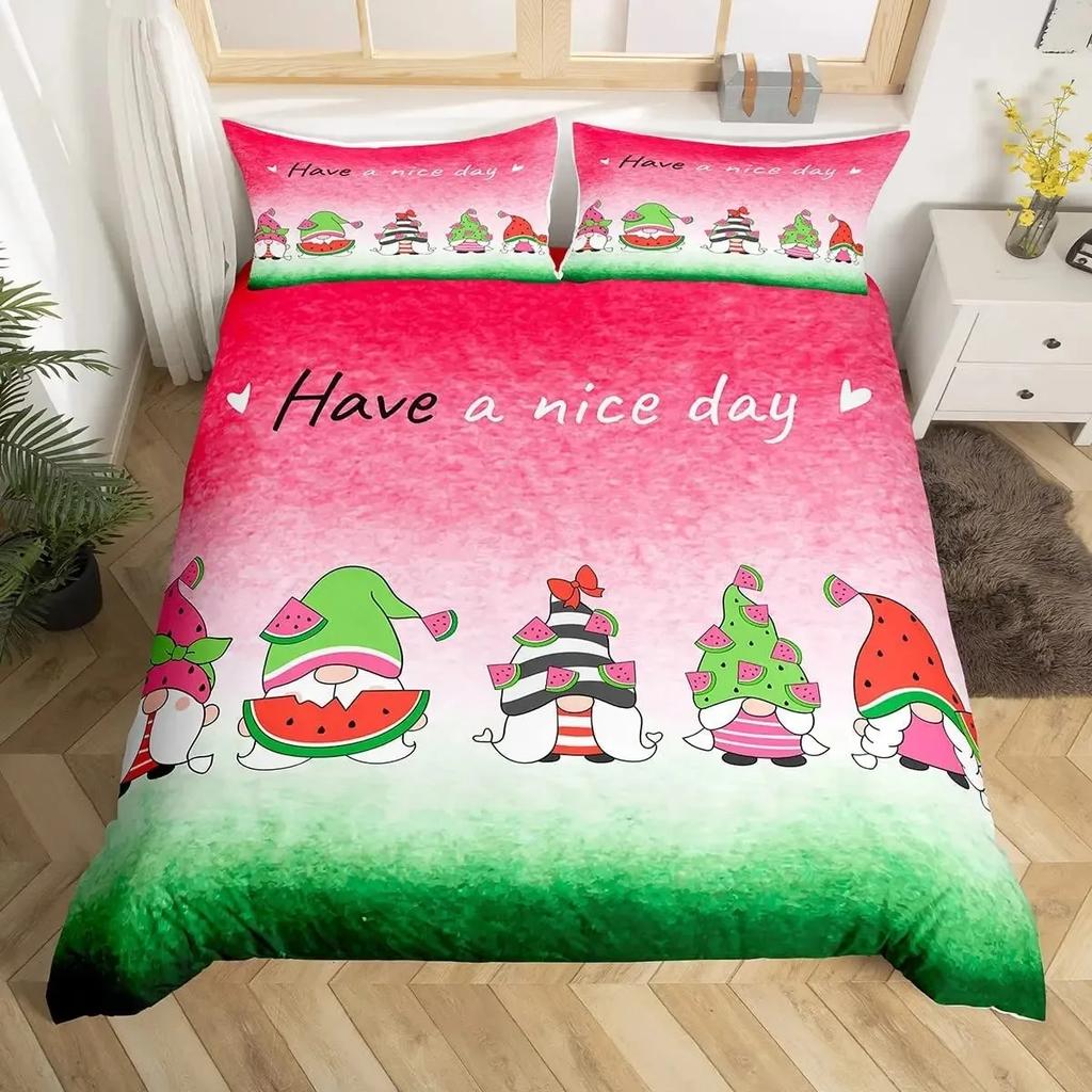 Watermelon Duvet Cover Set Green and Red Colour Polyester Comforter Cover King Queen Full Size for Kids Teens Adults Bedding Set