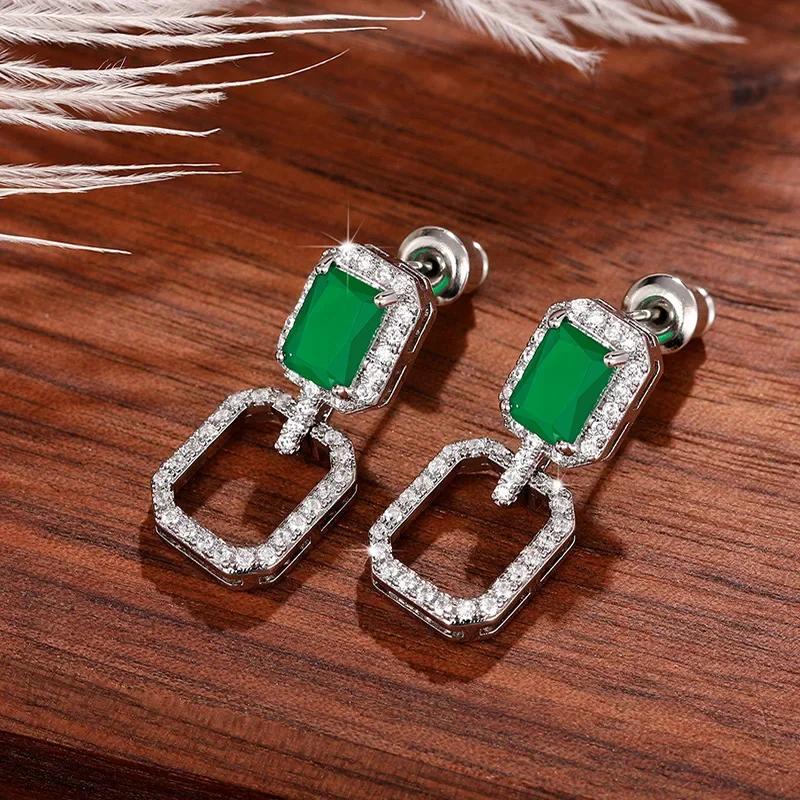 New Popular Women'S Pendant Emerald Earrings Retro Party Accessories With Bright Green Zirconia Elegant  Jewelry Gifts
