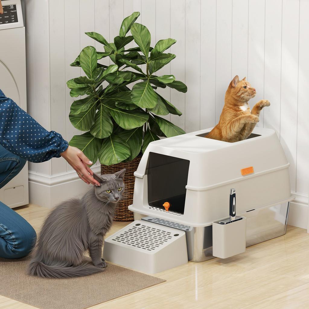 Covered Stainless Steel Cat Litter Box with Exit Step and Stainless Steel Scoop Light Grey