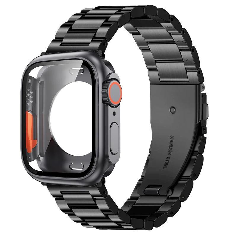Compatible with Apple Watch Series 10 (46/40/41/44/45mm) Stainless Steel Three-Bead Strap + Full Coverage PC Case