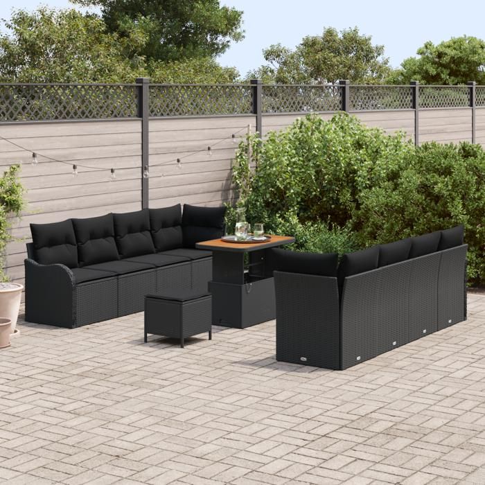 Set de sofa de jardin 11 pièces avec coussins Noir Poly Rattan Acacia, Sofa de jardin 2 places avec rangement et coussins 3364189