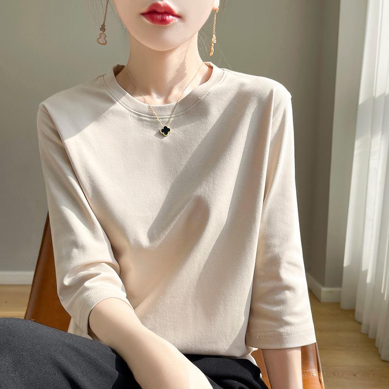 Women's Mercerized Cotton Solid Color Mid-Sleeve T-Shirt