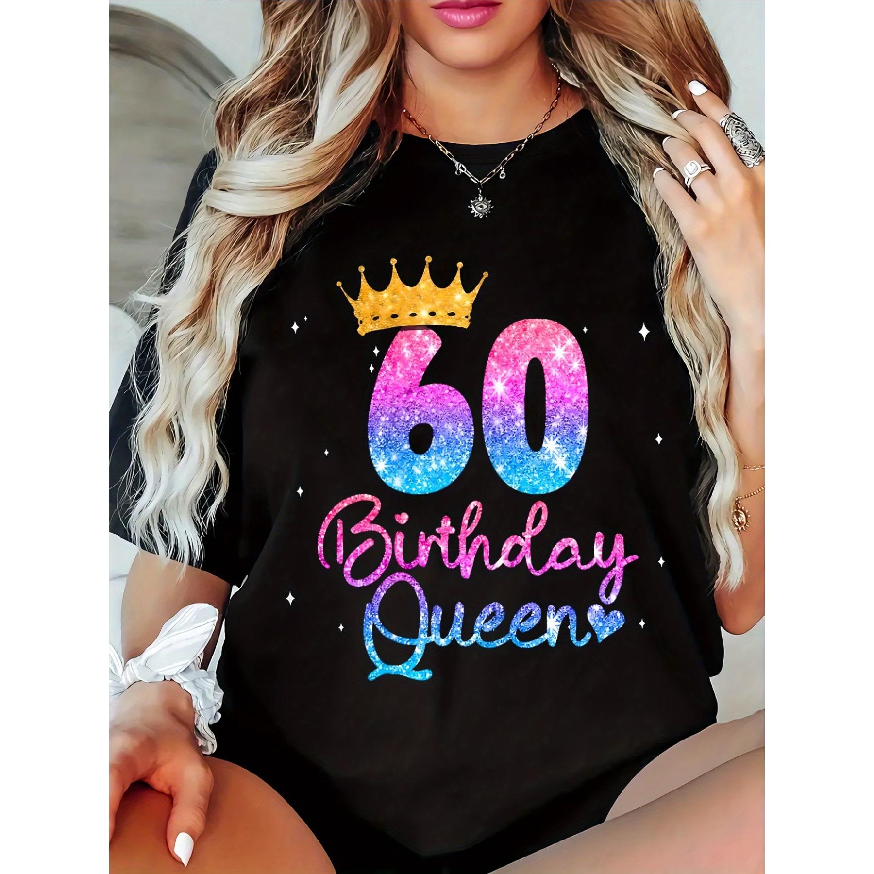 

60th Birthday Queen Graphic T-Shirt for Women - Black Casual Crew Neck Short Sleeve Top with Colorful Glittery Design XXL чорний