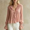 Damen Langarm Casual Bluse Lockerer Schnitt Rüschenbesatz V-Ausschnitt Hemd Glockenärmel Leichtes Oberteil für den Alltag