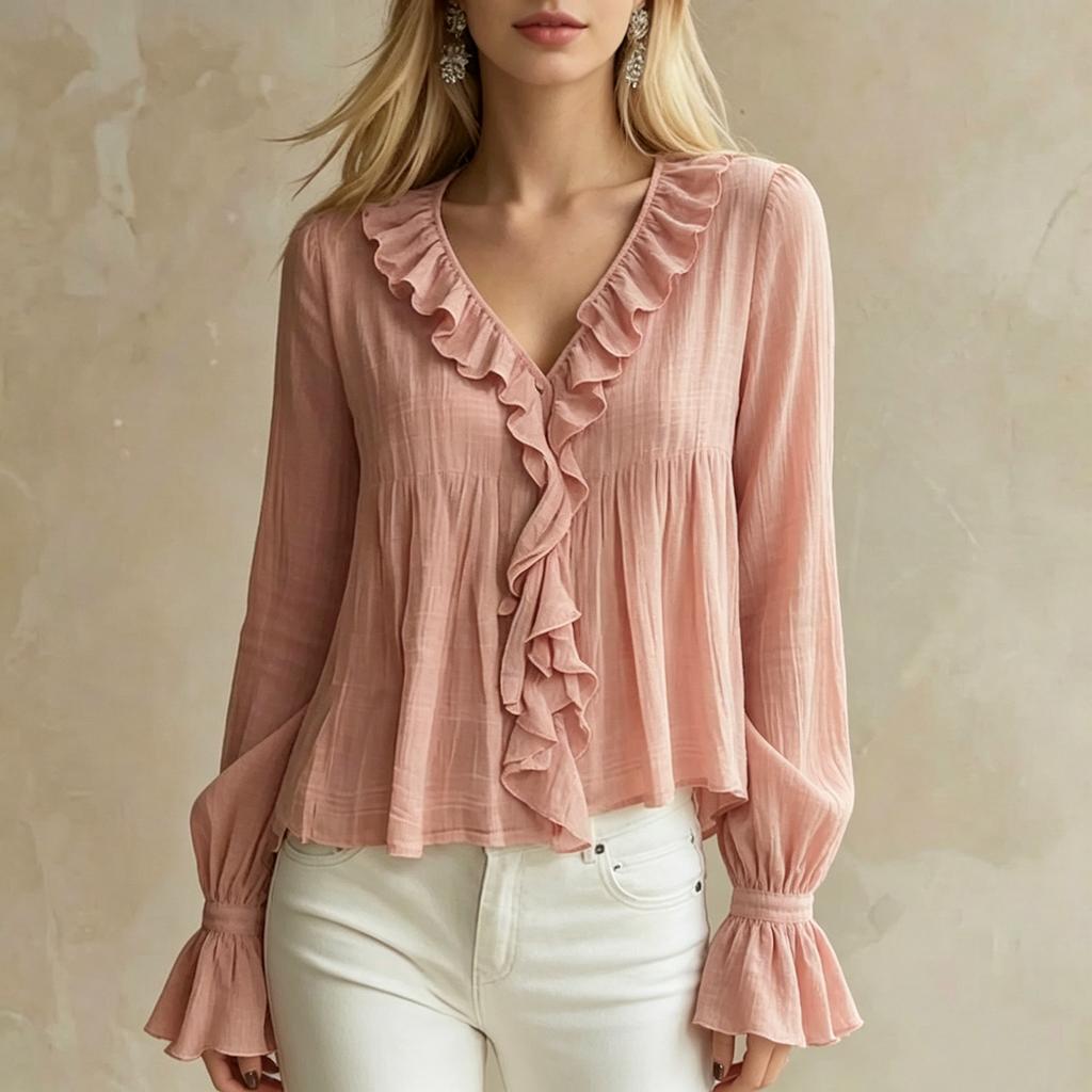 Damen Langarm Casual Bluse Lockerer Schnitt Rüschenbesatz V-Ausschnitt Hemd Glockenärmel Leichtes Oberteil für den Alltag
