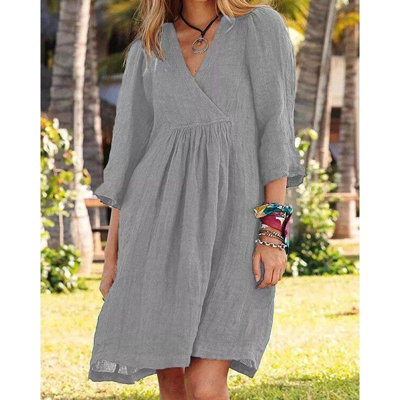 

Cross-Border Amazon Ebay Fashion V-Neck Solid Color Cross-Over Three-Quarter Sleeve Loose Casual Dress Casual Dress Gray XXXL