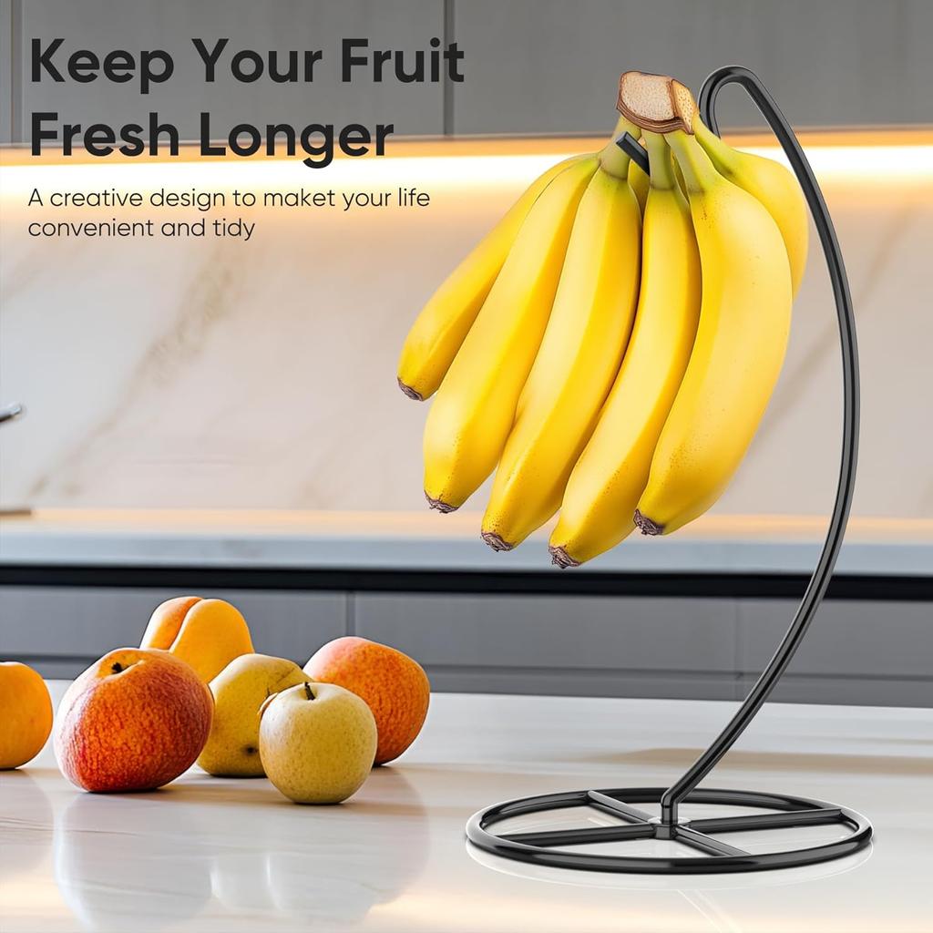 2 Pack Banana Holder, Banana Tree Stand Metal, Banana Stand Holder, Holds Up to 15LB Banana or Grape, Banana Rack for Kitchen Counter, Black