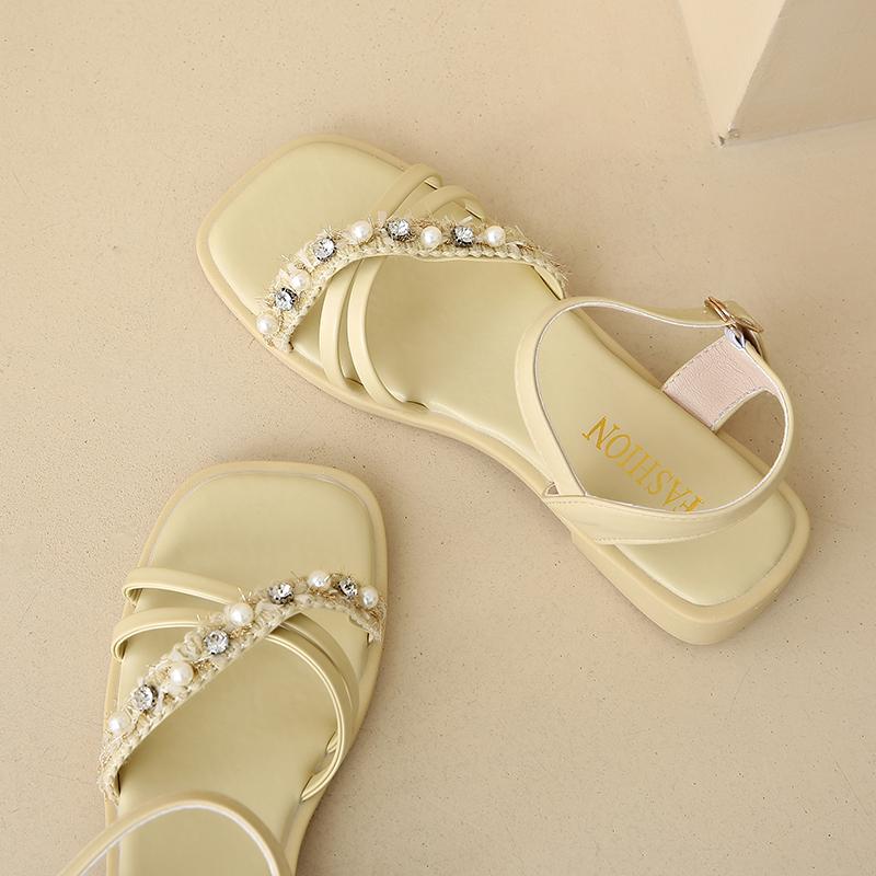 Aphixta New Pearl Dec Woman Sandals Shoes Square Toe Cross Strap Buckle Luxury Diamond Summer Shoes Sweet Low Heel Shoes Size 41