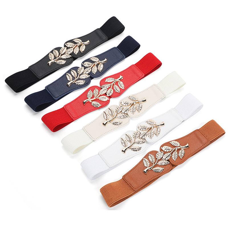 Women'S Elastic Slimming Belt  Retro Metal Leaf Leather Waist Sealing
