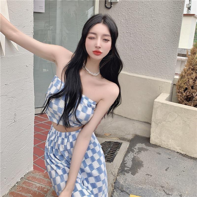 Women's Summer Plaid Two-Piece Suit: Trendy Korean Tube Top with Wide-Leg Trousers