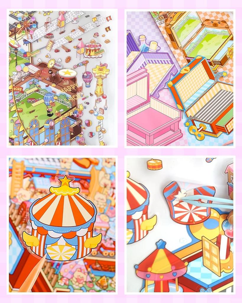 Set of 4 3D Cartoon Scene Miniature Stickers and Make Your Own Home Sticker Kit for Adults and Fun Room Stress Relief Pins, Kids, Decor, (Style 1)
