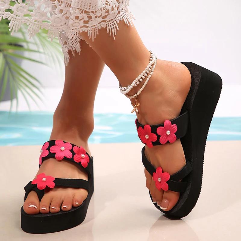 Fashion Flower Decor Clip Toe Flip Flops Women Pearl Decor Platform Latest Woman Slippers Summer Outdoor Non Slip Vacation Slides Mujer