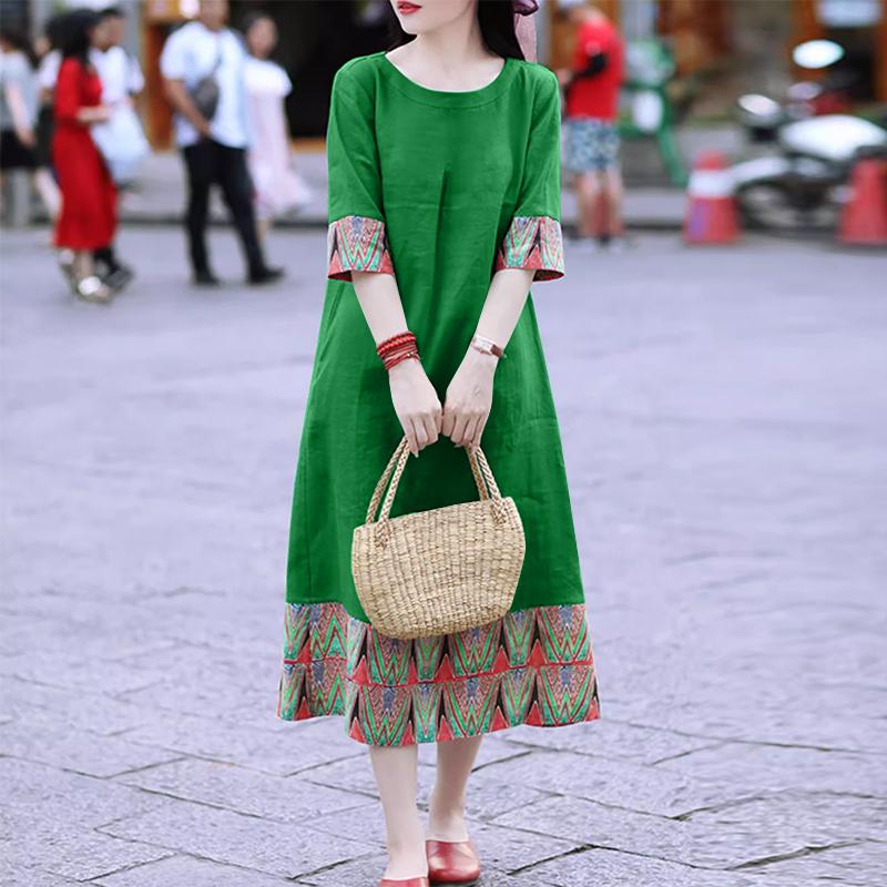 

ZANZEA Повсякденна вільна сукня з круглим вирізом і 3/4 рукавами в стилі печворк з етнічним принтом S зелений