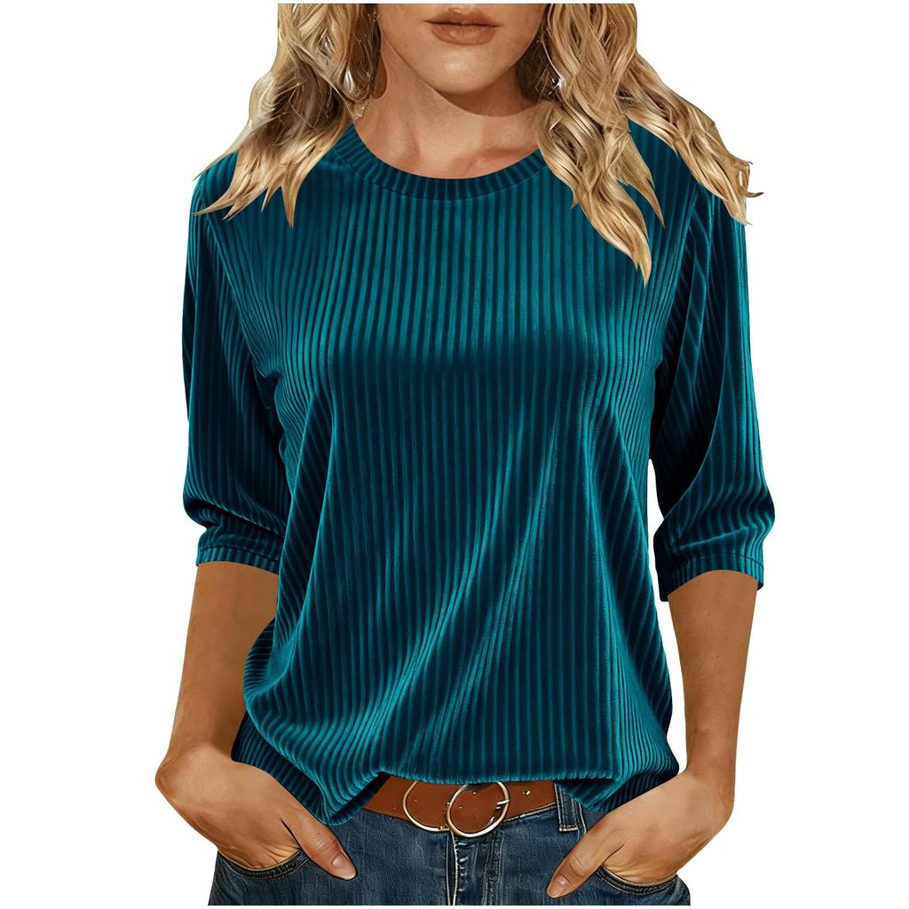 Women's Fashionable Color Round Neck Seven Quarter Sleeve Gold Velvet Pullover Casual Top