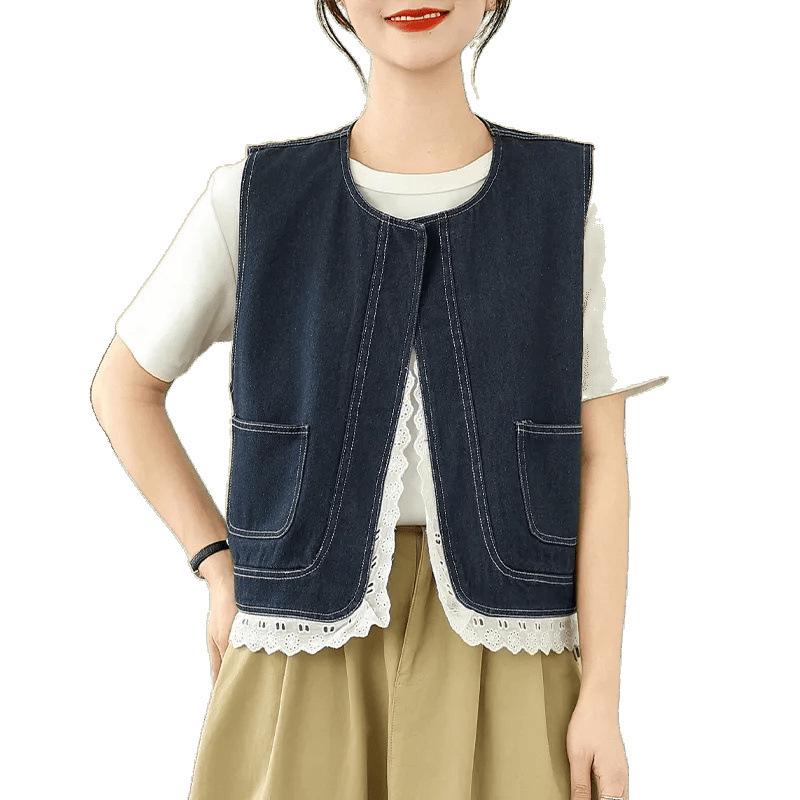 Women's Plus Size Lace Denim Vest - Lightweight, Fashionable, Slimming Short Jacket