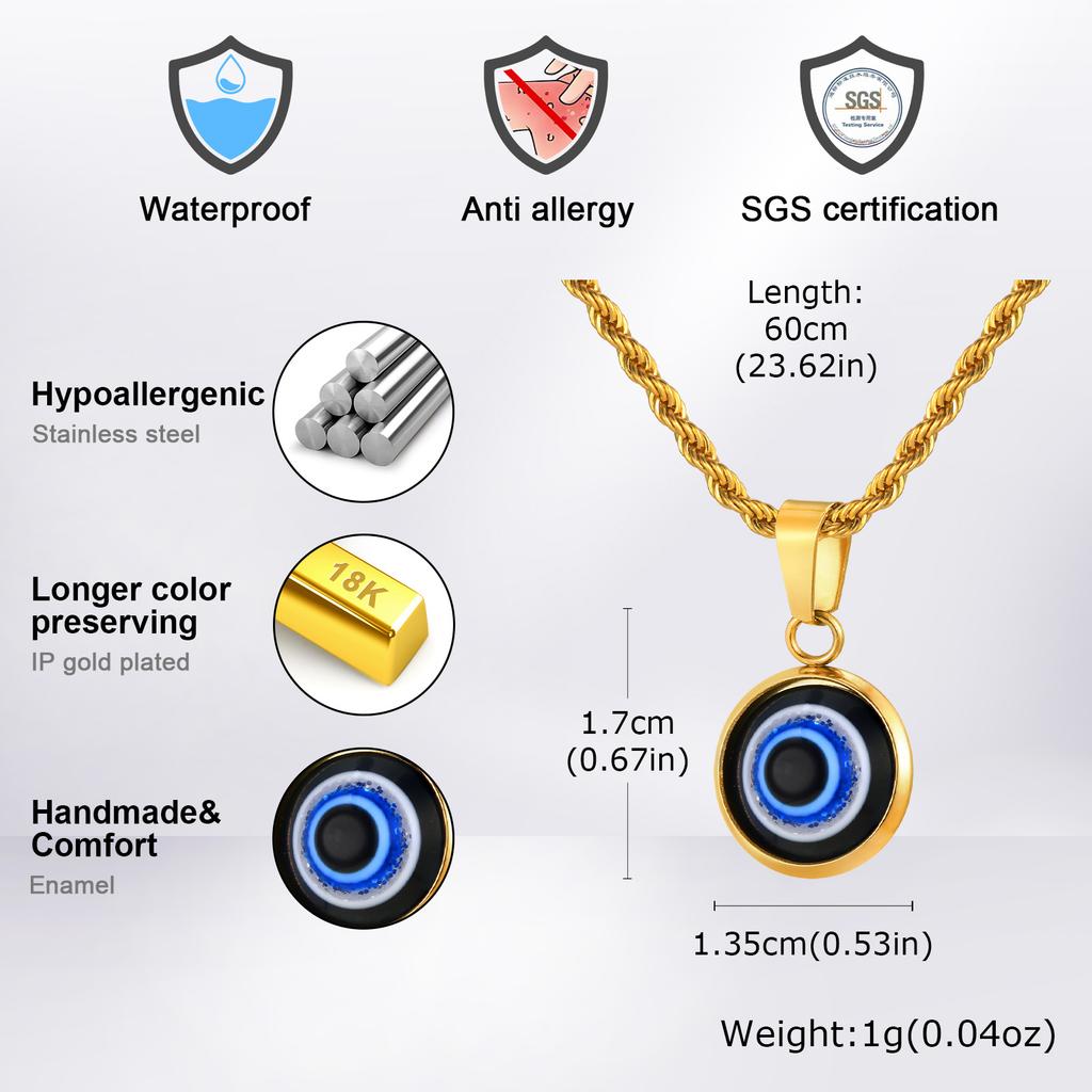 Lässige Böse Blaue Augen Halsketten für Männer Jungen,Runder Anhänger aus Edelstahl,Ethnische Türkische Amulett Geschenke Schmuck