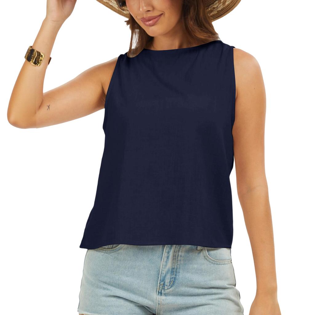 Women Sleeveless Linen Cotton Blend Crew Neck Tank Top Casual Loose Fit Blouse Lightweight Basic Shirt for Summer Daily Wear