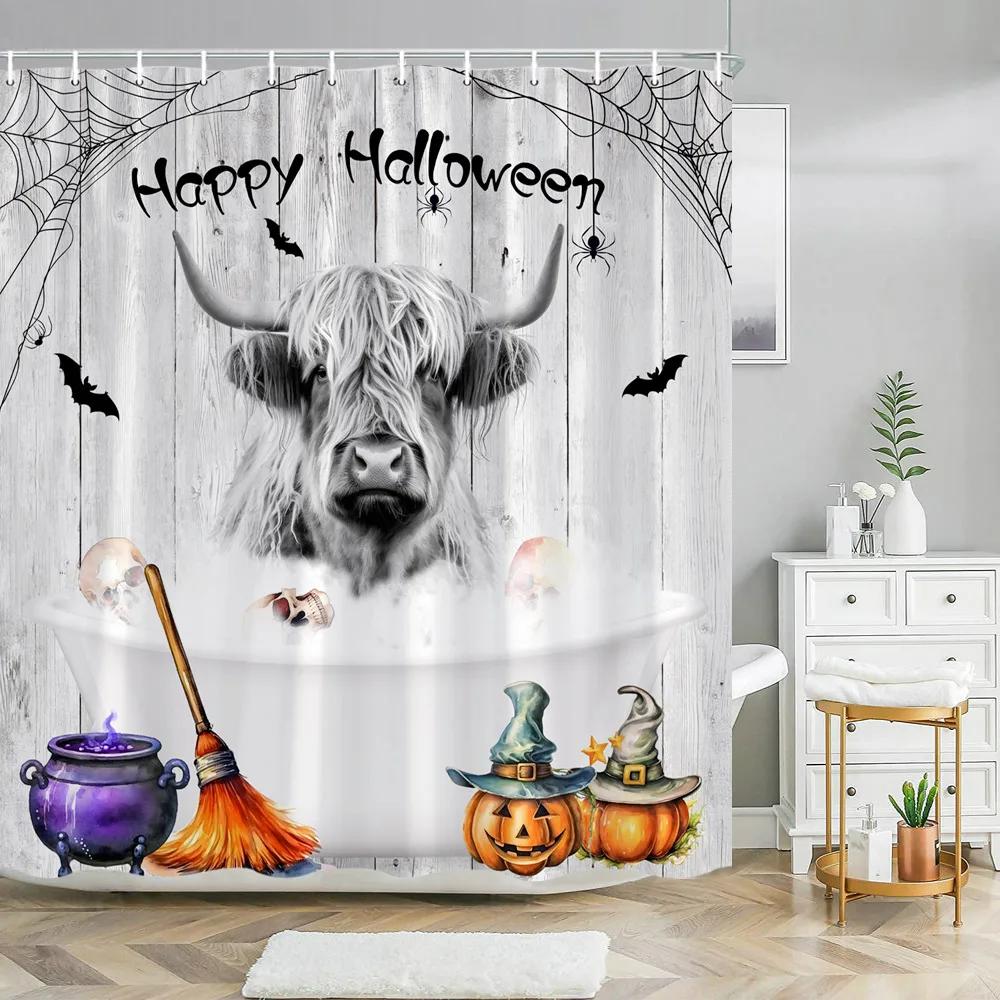 Läskiga Halloween Duschdraperier Svart Katt Pumpa Duschdraperi Häxa Lila Fladdermus Spindelnät Tyg Duschdraperi Badrumsdeko