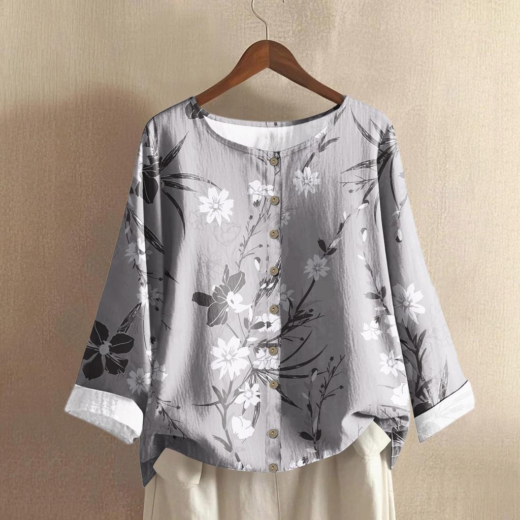 Damen Lässig Langärmlig Rundhals Retro Farbverlauf Bedrucktes Baumwoll- und Leinenoberteil