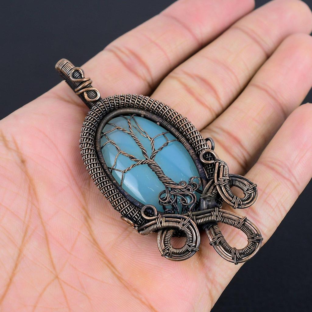 Blue Chalcedony 999 Copper Wire Wrapped Pendant, Handmade Gemstone Pendant Jewelry, Gifts For Wife Brand New Pendant