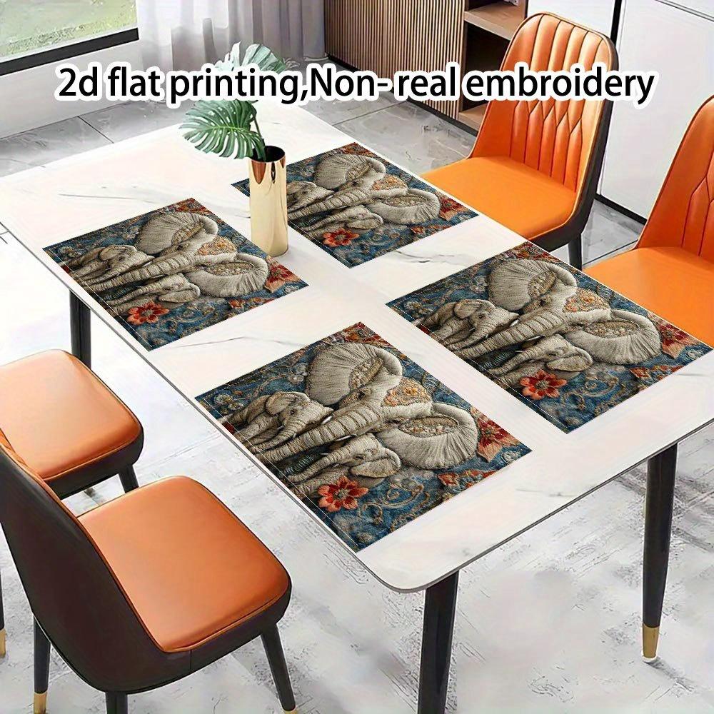 4pcs, 2D Flat Printing, Non-Real Embroidery Holy and Elegant Elephant Placemats, Fashion Printed Pattern Table Mats, Used for Dining Tables, Kitchens,