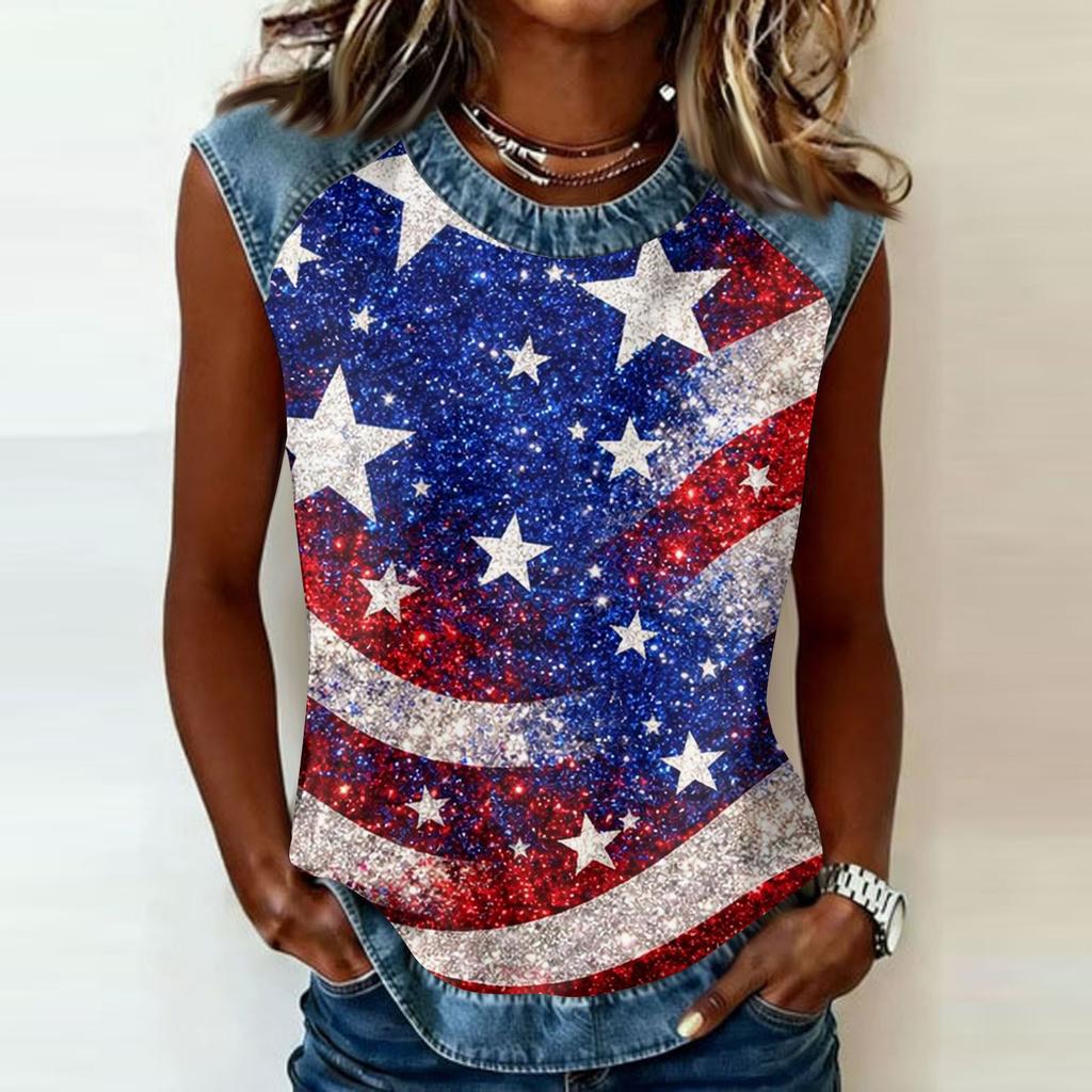 Sleeveless Crew Neck Casual Top with Denim Trim and Star Firework Floral Print for Women Summer Wear