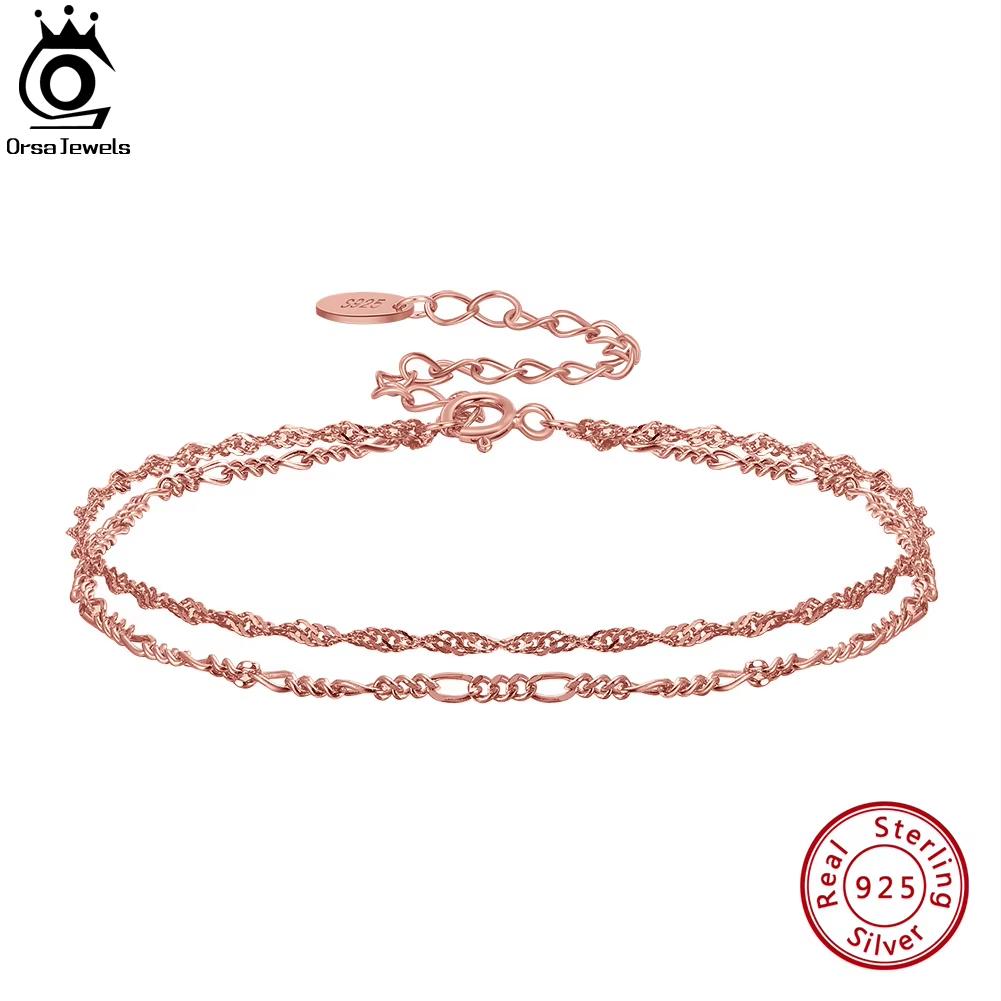 ORSA JEWELS Solid 925 Silver Double-Layered Bracelet Italian Water Ware Diamond-Cut Figaro Chain Bracelet for Women Girls SB132