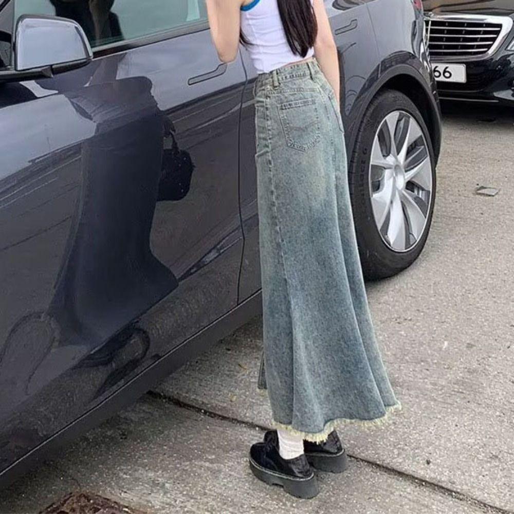 Retro Denim Skirt Women High Waist A-line Half Dress Fashion High Waist Long Skirt  Beach