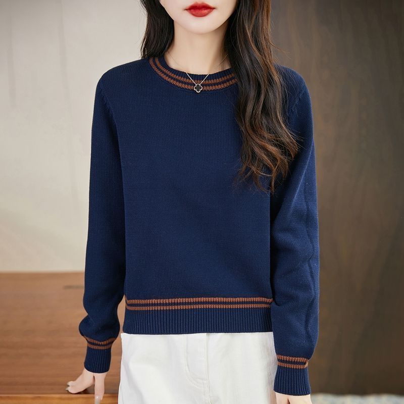 Round Neck Knitted Sweater for Women Loose and Slimming Versatile Sweater Base Knitted Top