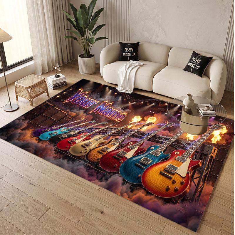 Music Guitar Theme Soft Crystal Velvet Rug Custom Name & Text Print Non Slip Floor Rug for Bedroom Living Room
