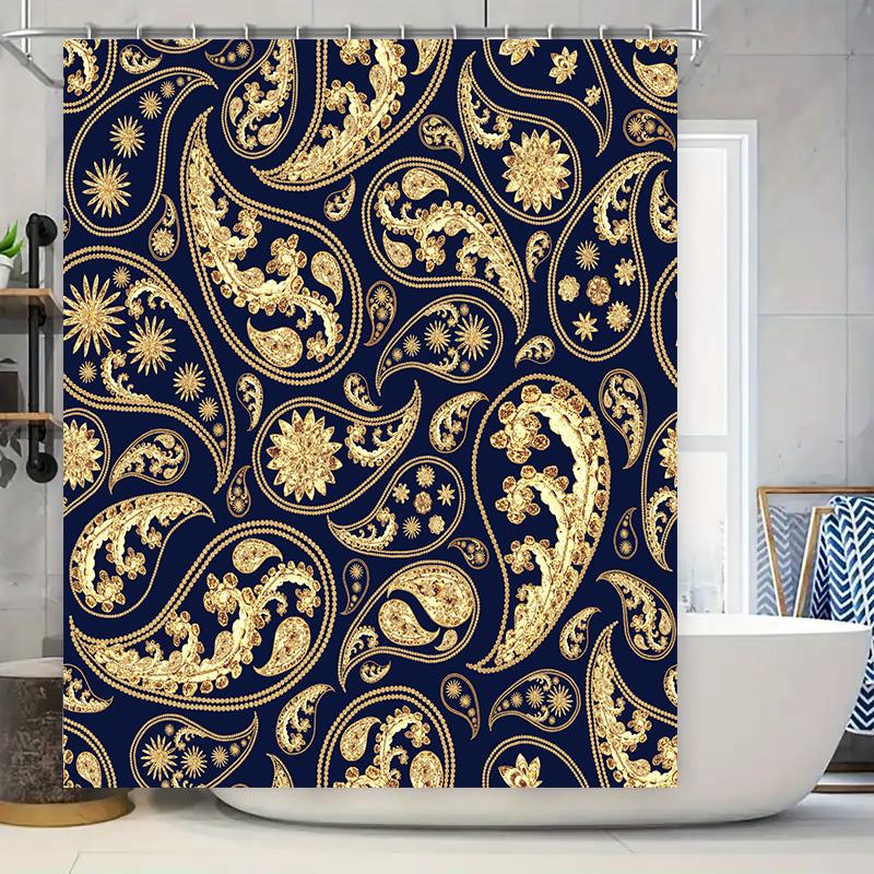

Luxury Golden Paisley Printed Bath Curtains For Home Decor Blue Gold Shower Curtain Set Waterproof Fabric For Bathroom Modern De W60H190(CM)-1 Pcs
