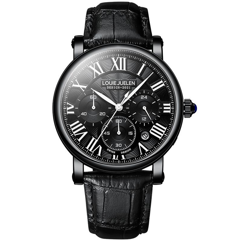 Luxury Fashion Leisure Quartz Wristwatch Alloy Leather 42mm Men's Pointer Dial 30M Water Resistant