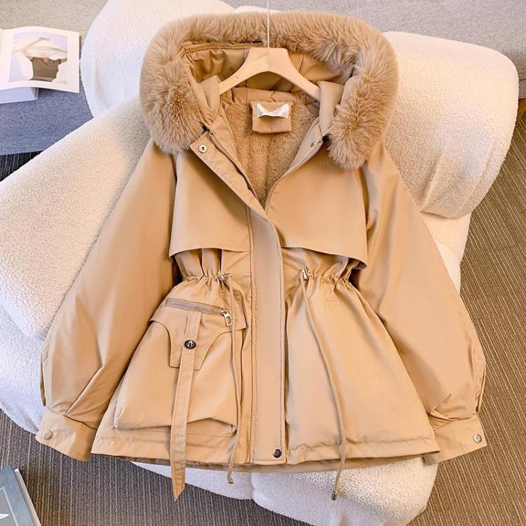 Women Warm Chic Parka Coat Autumn Winter Long Sleeve Solid Color Fur Collar Hooded Drawstring