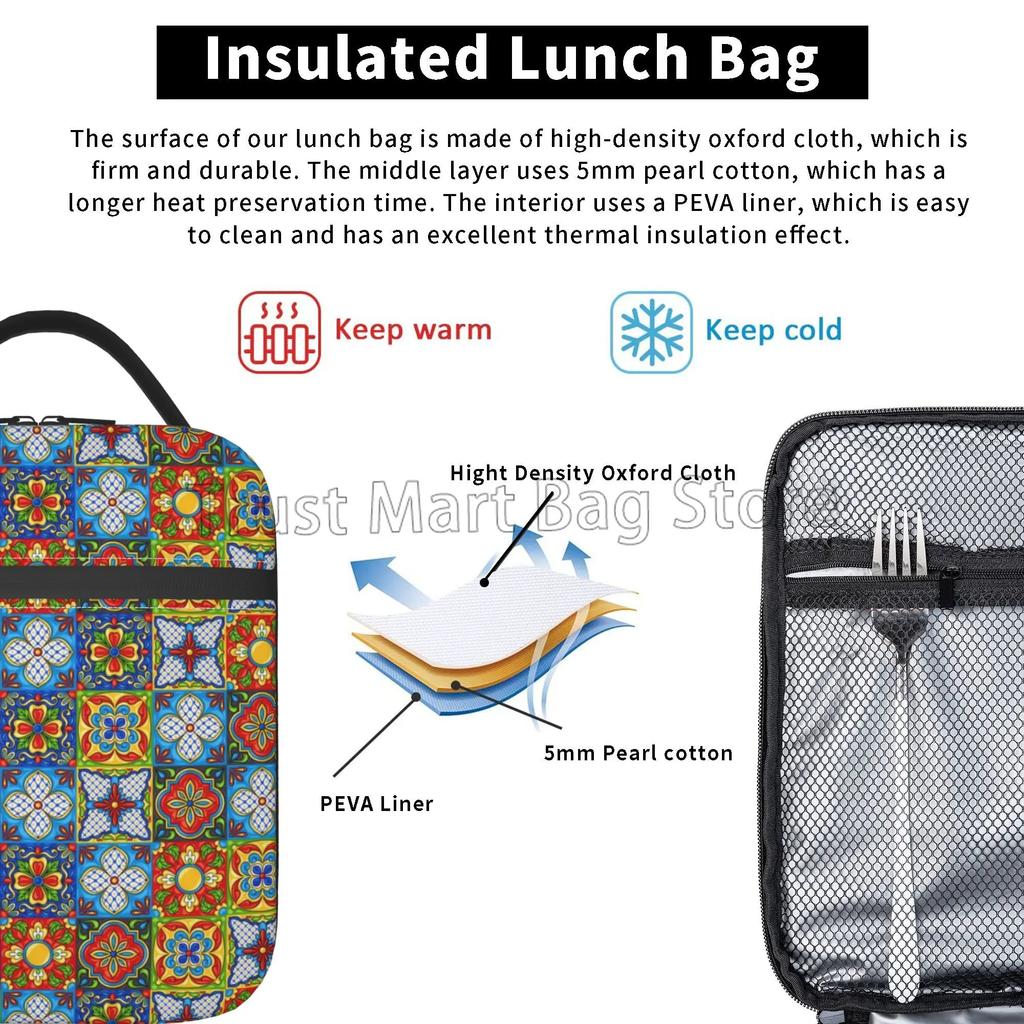Mexicaanse Talavera Keramische Lunchbox Etnisch Volksornament Lunchtas Vrouwen Geïsoleerd Invriesbaar Tote Kit Thermische Koeler voor Picknick