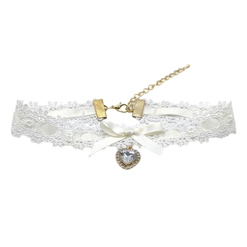 Fashionable Necklace Bowknot Heart Pendant Neckchain Adjustable Lace Choker Handmade Collarbone Chain Gifts for Women