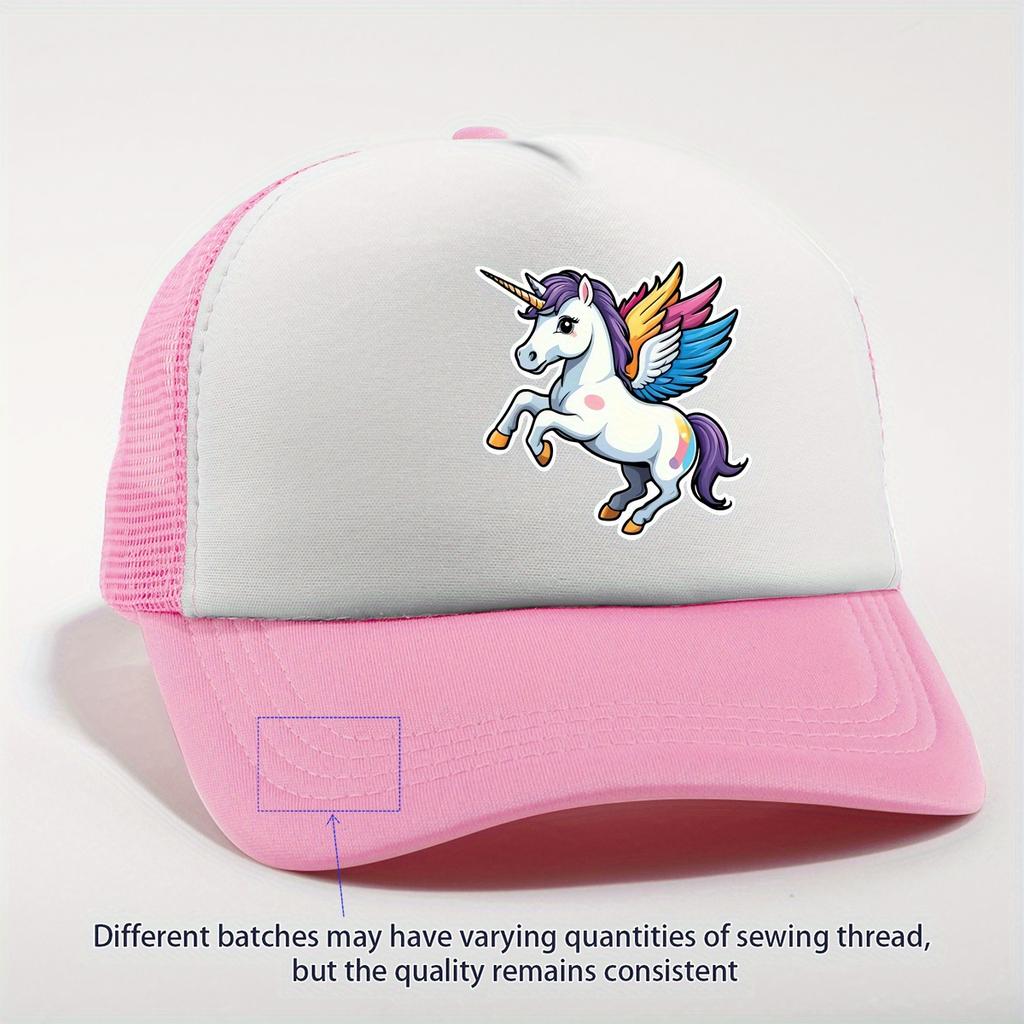 Winged Unicorn Flying Rainbow Pegasus Trucker Hat Pink White Mesh Adjustable Breathable Casual Baseball Cap