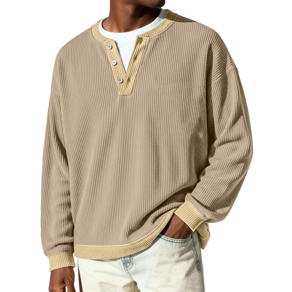 Men's Button-Down Collar Long-Sleeve Ribbed Knit Pullover