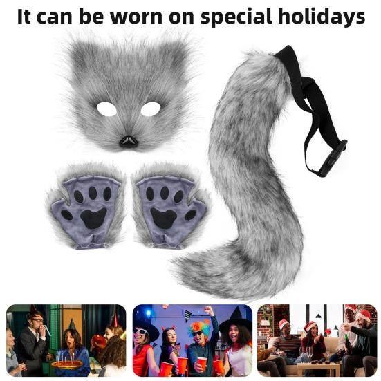 Faux Fur Cat Fox Maque Tail And Paw Gloves Set Handmade Furry Animal Therian Kit Masquerade Halloween Party Cosplay Costume Accessory