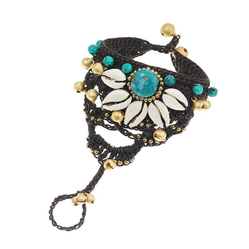 Vintage Woven Bracelet Bohemian Women's Personality Turquoise Bell Bracelet Ring Integrated Accessories
