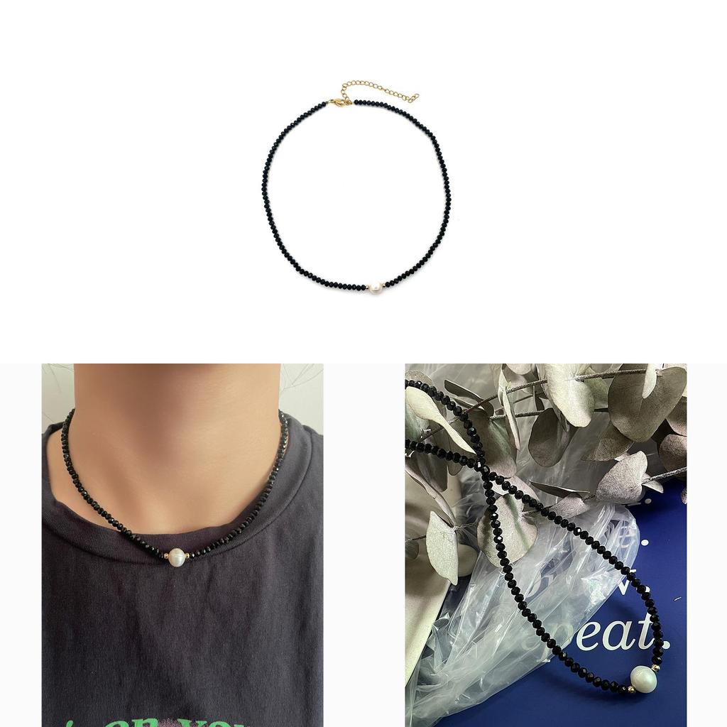 Elegant Black Water Crystal Pearl Necklace For Women With Geometric Chain Pendant