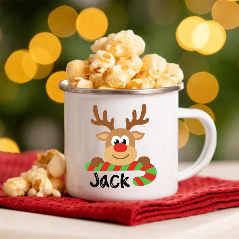 Personalisierte Hirsch-Weihnachts-Emaille-Tassen Benutzerdefinierter Name Heißer Kakao Schokolade Geschwister-Tasse Getränke Saft Tassen mit Griff Weihnachten Geschenke für Kind