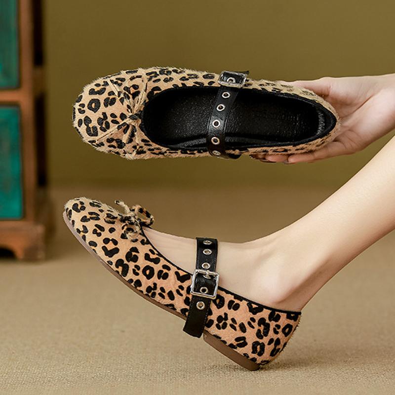 Fashion 2025 Spring Horse Hair Ballerinas Woman Leopard Bowtie Flats Shoes Leather Buckle Strap Mary Janes Ladies Ballets Furry Loafers