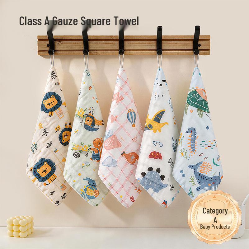 Class A Pure Cotton Crinkle Bib: Six-Layer Cartoon Print Square Handkerchief