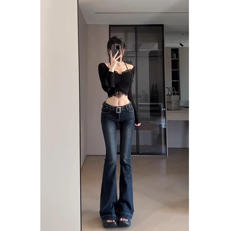 Dark blue low-rise slim-fitting sweet wind flared jeans women's thin and tall extended floor-mopping long pants