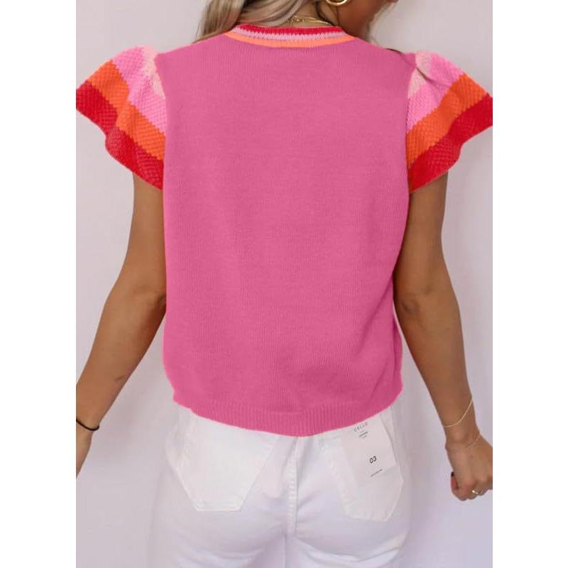 Women's Clothing Summer Round Neck Knitted Tops Clashing Sweet Short-sleeved Women's Jumper